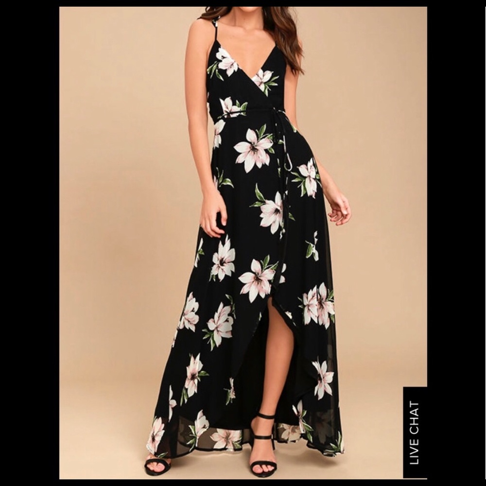 Black floral wrap dress